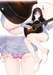  1girl absurdres adjusting_clothes adjusting_panties artist_name ass bare_legs black_hair chinese_commentary commentary_request grey_shirt guitar highres hitomi_o instrument lace-trimmed_panties lace_trim long_hair long_sleeves multiple_views music no_pants original panties pink_panties playing_instrument purple_panties shirt sleeves_past_wrists slippers underwear white_background white_footwear 