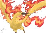  bird commentary_request dated fire gen_1_pokemon grey_eyes legendary_pokemon looking_to_the_side moltres open_mouth pokemon pokemon_(creature) signature simple_background white_background yu_ikedon 