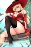  1girl bangs bare_shoulders black_legwear blonde_hair breasts cleavage detached_collar detached_sleeves dungeon_and_fighter elf grin hat looking_at_viewer pointy_ears red_eyes shaojiang single_thighhigh sitting smile soaking_feet solo thighhighs witch_hat 