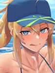  1boy 1girl ahoge artoria_pendragon_(all) aya_(user_ddya7452) bangs bare_shoulders bikini blonde_hair blue_eyes blush breast_hold breasts cum ejaculation fate/grand_order fate_(series) hair_between_eyes hair_through_headwear highres licking_lips looking_at_viewer mysterious_heroine_x_(fate) out_of_frame sidelocks smile swimsuit tongue tongue_out water 