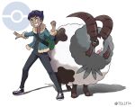  1boy artist_name bag black_pants black_shirt blue_jacket clenched_hand clenched_teeth commentary_request dark_skin dark_skinned_male dubwool duffel_bag fur-trimmed_jacket fur_trim gen_8_pokemon green_bag highres hop_(pokemon) jacket legs_apart looking_at_viewer male_focus pants poke_ball_symbol pokemon pokemon_(creature) pokemon_(game) pokemon_swsh shirt shoes short_hair smile standing teeth teru_zeta white_background yellow_eyes 