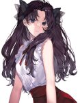  1girl bangs bare_arms bare_shoulders black_hair blue_eyes bow commentary_request contrapposto cowboy_shot eyebrows_visible_through_hair fate/stay_night fate_(series) frilled_shirt frills hair_bow hair_ribbon highres long_hair looking_at_viewer neck_ribbon parted_bangs red_skirt ribbon shimatori_(sanyyyy) shirt shirt_tucked_in simple_background skirt sleeveless sleeveless_shirt solo teeth thighhighs tohsaka_rin two_side_up upper_body white_background white_shirt 