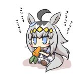  1girl absurdres ahoge animal_ears bangs blue_eyes blue_shirt blush_stickers brown_footwear carrot chibi colored_shadow commentary_request eating eyebrows_visible_through_hair food full_body goma_(gomasamune) grey_hair highres holding holding_food horse_ears horse_girl horse_tail jitome long_hair multicolored_hair oguri_cap_(umamusume) pleated_skirt puffy_short_sleeves puffy_sleeves school_uniform shadow shirt shoes short_sleeves sitting skirt solo tail thighhighs translation_request twitter_username two-tone_hair umamusume very_long_hair white_background white_legwear white_skirt 