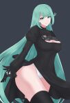  1girl absurdres black_dress black_legwear breasts cleavage cleavage_cutout clothing_cutout cosplay dress feather-trimmed_sleeves green_eyes green_hair grey_background highres juliet_sleeves leotard long_hair long_sleeves nier_(series) nier_automata nottme pneuma_(xenoblade) puffy_sleeves simple_background solo straight_hair thick_thighs thighhighs thighs very_long_hair white_leotard xenoblade_chronicles_(series) xenoblade_chronicles_2 yorha_no._2_type_b yorha_no._2_type_b_(cosplay) 