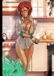  1girl 1other ass_visible_through_thighs blue_eyes blush bracelet breasts cleavage coffee_mug covered_nipples cup dark_skin dark_skinned_female english_commentary facial_mark fingernails forehead_mark ganassa giovanna_(guilty_gear) green_fur guilty_gear guilty_gear_strive highres jewelry kitchen legs_together lips looking_at_viewer medium_breasts mug no_bra no_pants nose nose_blush panties partially_unbuttoned pink_panties plunging_neckline red_hair rei_(guilty_gear) shiny shiny_skin short_hair sleeves_pushed_up solo_focus thigh_gap underwear wolf 