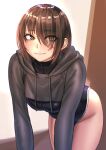  1girl all_fours blush brown_eyes brown_hair eyebrows_visible_through_hair eyes front_zipper_swimsuit hair_over_one_eye highres hood hoodie indoors kilye_4421 looking_at_viewer looking_to_the_side meme_attire one-piece_swimsuit original short_hair sidelocks smile solo swimsuit 
