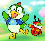  anatid animal_crossing anseriform anthro avian balls bird blurred_background bottomless clothed clothing cloud duck duo eyelashes feathers female flaccid genitals grass happy headstand hybrid jacket ketchup_(animal_crossing) male mario_bros nintendo nishi_oxnard on_one_leg open_mouth open_smile outside penis plant pose pussy shirt sky small_balls small_penis smile standing star topwear video_games yosh-e-o yoshi 