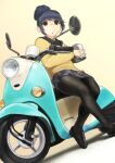  1girl :o black_legwear blue_hair commentary eyebrows_visible_through_hair ground_vehicle hair_bun highres holding izawa_koushi loafers motor_vehicle pantyhose sailor_collar school_uniform scooter shima_rin shoes simple_background sitting solo yamaha_vino yurucamp 