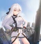  1girl black_bow black_gloves bow breasts girls_frontline gloves hair_bow hair_ornament hairclip highres iws-2000_(girls_frontline) long_hair long_sleeves machinery medium_breasts miniskirt pleated_skirt red_eyes shirt skirt solo unitaka white_hair white_shirt white_skirt white_uniform 