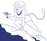  anthro barefoot blue_and_white caitian cr_(artist) digitigrade feet felid female grimacing m&#039;ress mammal monochrome phaser rock_climbing solo star_trek star_trek_the_animated_series weapon 