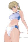  1girl absurdres blonde_hair blue_eyes commentary_request cowboy_shot highres long_hair looking_at_viewer mibu_natsuki original ponytail simple_background solo sports_bikini sports_bra standing white_background white_buruma 