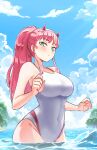  1girl absurdres aqua_eyes beach blue_sky blush breasts cloud commentary coolisushi darling_in_the_franxx day groin half-closed_eyes highres horns long_hair looking_at_viewer medium_breasts ocean one-piece_swimsuit outdoors pink_hair ponytail sky solo swimsuit very_long_hair white_swimsuit zero_two_(darling_in_the_franxx) 
