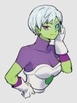  1girl bodysuit bodysuit_under_clothes breasts cheelai closed_mouth colored_skin dragon_ball dragon_ball_super dragon_ball_super_broly gloves green_skin grey_background kemachiku looking_at_viewer medium_breasts purple_bodysuit purple_eyes scouter short_hair simple_background smile solo upper_body white_gloves white_hair 