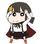  1girl :&gt; black_hair cape chibi commentary crayon_shin-chan doyagao hair_ornament highres izawa_koushi komekko kono_subarashii_sekai_ni_shukufuku_wo! parody pose smug solo star_(symbol) star_hair_ornament style_parody usui_yoshito_(style) white_background 