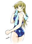  1girl 203wolves ass bangs blonde_hair blue_swimsuit breasts brown_eyes cropped_legs from_behind hair_between_eyes long_hair medium_breasts school_swimsuit shiny shiny_hair signature sketch solo standing straight_hair swimsuit tenjouin_asuka towel towel_around_neck white_background yu-gi-oh! yu-gi-oh!_gx 