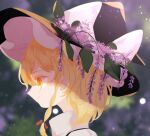  1girl abukawa_honpo blonde_hair braid flower hair_ornament hat hat_ornament highres kirisame_marisa leaf profile purple_flower short_hair single_braid smile solo touhou wisteria witch_hat yellow_eyes 