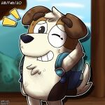  1:1 2020 anthro backpack bluey_(show) brown_body brown_fur canid canine canis chest_tuft detailed_background digital_media_(artwork) domestic_dog floppy_ears fluffy fluffy_tail fur hi_res hunting_dog iopkluj123 jack_(bluey) jack_russell_terrier male mammal one_eye_closed rubbing_head signature smile solo standing terrier tuft zandermanith 
