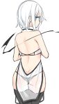  1girl ass back bare_arms bare_shoulders black_legwear black_panties blue_eyes closed_mouth commentary_request cowboy_shot from_behind looking_at_viewer looking_back original otokuyou pale_skin panties ribbon-trimmed_collar ribbon_trim ringo-chan_(otokuyou) see-through short_hair simple_background solo thighhighs underwear white_background white_hair 