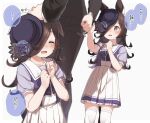  :d ^_^ animal_ears bangs black_bow black_hair black_jacket black_pants blue_flower blue_headwear blue_rose blue_shirt blush bow closed_eyes commentary_request eyebrows_visible_through_hair feet_out_of_frame flower hair_over_one_eye hat hat_flower highres horse_ears horse_girl horse_tail jacket long_hair long_sleeves open_mouth pants petting pleated_skirt puffy_short_sleeves puffy_sleeves purple_eyes rice_shower rose shirt short_sleeves simple_background skirt sleeve_tug smile tail thighhighs tilted_headwear translation_request umamusume very_long_hair white_background white_legwear white_skirt yukie_(kusaka_shi) 