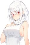  1girl albino bangs bare_arms bare_shoulders blush breasts closed_mouth commentary_request expressionless eyebrows_visible_through_hair hair_between_eyes hand_on_own_chest hand_up highres large_breasts looking_at_viewer meme_attire original otokuyou red_eyes ribbed_sweater ringo-chan_(otokuyou) short_hair silver_hair simple_background sleeveless sleeveless_turtleneck solo sweater turtleneck upper_body white_background white_hair white_sweater 