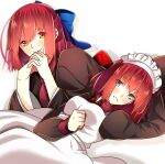  2girls apron aqua_eyes bangs blue_bow bow brown_kimono brown_shirt closed_mouth exa_(koyuru) eyebrows_visible_through_hair grin hair_between_eyes hair_bow highres hisui_(tsukihime) japanese_clothes kimono kohaku_(tsukihime) long_sleeves looking_at_viewer maid_headdress medium_hair multiple_girls red_hair shiny shiny_hair shirt siblings sisters smile tsukihime white_apron yellow_eyes 