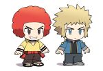  2boys afro black_choker black_shirt blonde_hair blue_jacket brown_eyes brown_pants chibi choker collared_shirt commentary_request elite_four flint_(pokemon) grey_footwear gym_leader jacket long_sleeves male_focus multiple_boys open_clothes open_jacket pants pokemon pokemon_(game) pokemon_dppt red_hair rnehrdyd1212 sandals shirt shoes smile spiked_hair standing volkner_(pokemon) yellow_shirt 