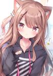  1girl :t animal_ear_fluff animal_ears bangs black_hoodie blush bow brown_eyes brown_hair cat_ears closed_mouth commentary_request drawstring emoticon eyebrows_visible_through_hair hair_between_eyes hair_bow hair_ornament hairclip hand_up highres hood hood_down hoodie long_hair long_sleeves looking_at_viewer masayo_(gin_no_ame) one_side_up original paw_pose pout sleeves_past_wrists solo translation_request upper_body very_long_hair wavy_mouth 