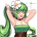  1girl absurdres arms_up bangs breasts cleavage closed_eyes daeno flower green_hair grin guardian_tales hair_flower hair_ornament highres holding holding_hair leaf_fairy_aoba long_hair medium_breasts pointy_ears smile white_background 
