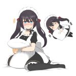  1girl :o ^^^ ^_^ apron azur_lane back_bow bangs black_dress black_hair black_legwear blue_eyes blush bow breasts cap105 chibi chibi_inset closed_eyes closed_mouth collarbone commentary_request dress eyebrows_visible_through_hair frilled_hairband frills full_body glasgow_(azur_lane) hair_between_eyes hair_ribbon hairband highres large_breasts long_hair looking_at_viewer lying maid maid_headdress motion_lines on_side pillow pillow_hug puffy_short_sleeves puffy_sleeves red_ribbon ribbon short_sleeves sidelocks simple_background sitting smile twintails two-tone_dress wariza white_apron white_background wrist_cuffs 