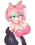  amy_rose armwear big_breasts breasts chisana clothed clothing cosplay elbow_gloves eulipotyphlan female gloves green_eyes hand_behind_head handwear hedgehog hi_res looking_at_viewer makeup mammal pose signature simple_background solo sonic_the_hedgehog_(series) standing white_background 