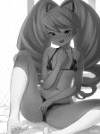  1girl bangs barefoot big_hair bikini bikini_aside blush censored chain-link_fence commentary_request drill_hair eyelashes fence greyscale hair_ribbon highres long_hair looking_at_viewer monochrome mosaic_censoring navel open_mouth pussy ribbon rockman ryuusei_no_rockman shirogane_luna signature sitting smile solo spread_toes sweatdrop swimsuit toes twin_drills u-doku 
