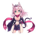  1girl animal_ear_fluff animal_ears asymmetrical_sleeves bangs blue_eyes breasts cat_ears cat_tail cleavage clothing_cutout dress garter_straps hair_ribbon highres kmtopia medium_breasts navel_cutout nekono_mikoto pelvic_curtain pink_scarf pubic_tattoo purple_dress purple_ribbon revealing_clothes ribbon scarf short_dress simple_background solo tail tail_ornament tamase_tama tattoo white_background wide_sleeves 