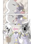  2021 ambiguous_gender anthro claws comic duo dust fur hi_res licking mega_evolution mega_kangaskhan nintendo one_eye_closed open_mouth plot_twist pok&eacute;mon pok&eacute;mon_(species) semi-anthro simple_background tongue tongue_out video_games white_body white_fur yamatokuroko965 zangoose 