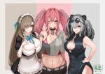  3girls :d animal_ears apron aqua_eyes arknights artist_logo asuna_(blue_archive) azur_lane bangs bare_shoulders belt bikini bikini_under_clothes black_choker black_dress black_hair black_shorts blue_archive blue_neckwear blush bracelet breasts bremerton_(azur_lane) brown_background brown_eyes china_dress chinese_clothes choker cleavage cleavage_cutout clothing_cutout collarbone commentary_request company_connection cowboy_shot crop_top crop_top_overhang dated detached_collar dress elbow_gloves eyebrows_visible_through_hair eyes_visible_through_hair eyewear_on_head feater_(arknights) gloves grey_belt grey_hair grin groin hair_between_eyes hair_intakes hair_over_one_eye halo hand_on_hip hand_on_own_chest highleg highleg_bikini highres jewelry large_breasts lifebuoy_ornament light_brown_hair long_hair looking_at_viewer maid maid_headdress midriff mole mole_on_breast multicolored multicolored_background multicolored_hair multiple_girls navel navel_piercing neck_ribbon neckwear_between_breasts off_shoulder one_eye_closed open_mouth oza_osuwari panda_ears piercing pink_background pink_bikini pink_eyes pink_hair pink_nails puffy_short_sleeves puffy_sleeves ribbon round_eyewear shirt short_sleeves shorts side_slit sidelocks silver_background silver_hair sleeveless sleeveless_dress smile standing streaked_hair sunglasses swimsuit teeth twintails two-tone_hair two-tone_shirt v white_apron white_gloves wristband 