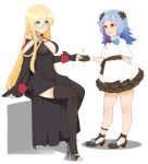  2girls :d aiguillette arm_behind_back arm_support azur_lane bangs bismarck_(azur_lane) bismarck_(beacon_of_the_ironblood)_(azur_lane) bismarck_(coat_of_arms) black_dress black_footwear black_gloves black_legwear blonde_hair blue_eyes blue_hair blunt_bangs blush breasts cap105 cape capelet cleavage closed_mouth coat_of_arms commentary_request dress elbow_gloves epaulettes evening_gown eyebrows_visible_through_hair fingerless_gloves flower full_body gloves hair_between_eyes hair_bun hair_flower hair_ornament high_heels highres holding_hands iron_blood_(emblem) large_breasts long_hair looking_at_another multicolored_hair multiple_girls official_alternate_costume open_mouth purple_hair red_eyes shadow short_hair sidelocks simple_background sitting smile standing thighhighs two-tone_hair u-556_(azur_lane) u-556_(party_knight!)_(azur_lane) upper_teeth white_background white_capelet white_dress wrist_cuffs 