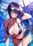  1girl ass_visible_through_thighs azur_lane bangs bare_arms bare_legs beach_umbrella bikini black_bikini blue_sky blurry blush breasts cleavage collarbone commentary_request covered_nipples day depth_of_field eyebrows_visible_through_hair goggles goggles_on_head hair_between_eyes hair_ornament highres horizon large_breasts lens_flare navel ocean outdoors palm_tree parted_lips pola_(azur_lane) purple_hair red_eyes see-through shirt sidelocks skindentation sky solo swimsuit teeth thigh_gap tree umbrella wet white_shirt yuuzuki_hijiri 