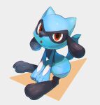  :o commentary_request full_body gen_4_pokemon highres kikuyoshi_(tracco) looking_at_viewer no_humans open_mouth paws pokemon pokemon_(creature) red_eyes riolu shiny sitting solo toes tongue 