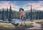  1girl ahoge animal bangs bench blind_girl_(popopoka) brown_footwear brown_hair brown_sweater contrapposto day dog facing_down fetch freckles full_body grass grey_legwear happy highres kneehighs long_sleeves mountainous_horizon neck_ribbon original outdoors path plaid plaid_skirt playing popopoka red_ribbon ribbon shoes skirt smile solo stick sweater teeth tree 