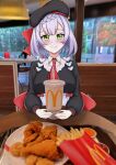  1girl absurdres artist_request blush braid cup drinking_straw employee_uniform fast_food fast_food_uniform food french_fries fried_chicken genshin_impact green_eyes highres kfc looking_at_viewer mcdonald&#039;s mixed_media noelle_(genshin_impact) photo_background plate smile solo table uniform white_hair 