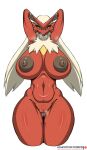  anthro big_breasts blaziken bodily_fluids breasts butt_from_the_front female genitals hi_res lollipopcon nintendo nude pok&eacute;mon pok&eacute;mon_(species) pussy red_body simple_background solo sweat video_games white_background wide_hips 