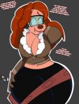  2018 ahegao anthro big_breasts bodily_fluids breasts canid canine canis cleavage clothed clothing curvy_figure dc_comics dialogue digital_media_(artwork) disney domestic_dog drooling english_text female fingers gloves goof_troop grey_eyes hair handwear hi_res hourglass_figure huge_breasts inkit89 jacket latex_pants looking_pleasured mammal midriff midriff_baring_shirt red_hair roxanne_(goof_troop) roxy_rocket saliva simple_background smile solo tan_body tan_skin text thick_thighs tongue topwear voluptuous wide_hips zipper 
