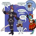  anthro armor blush capcom clothed clothing digital_media_(artwork) english_text felid feline felyne female fur gimmick_(tekandprieda) group hi_res horn kobold lynian male male/female mammal monster_hunter murid murine open_mouth palico prieda_(tekandprieda) rat red_body red_fur reptile rodent scalie short simple_background size_difference tek_(tekandprieda) tekandprieda_(artist) text thick_thighs video_games 