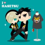  2boys :&lt; animal_print aqua_background black_hair black_pants blonde_hair english_text green_eyes grey_eyes hair_over_one_eye highres hood hood_up kaorin_minogue leopard_print male_focus multiple_boys otabek_altin pants shirt sparkle star-shaped_pupils star_(symbol) symbol-shaped_pupils t-shirt tiger yuri!!!_on_ice yuri_plisetsky 