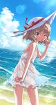  1girl :p aioi_aoi akanbe bangs blonde_hair blue_eyes blue_sky bob_cut casual cloud cloudy_sky commentary day dress from_side frown girls_und_panzer hat hat_ribbon highres horizon katyusha_(girls_und_panzer) lens_flare looking_at_viewer ocean one_eye_closed open_mouth ribbon see-through short_dress short_hair sky solo spaghetti_strap standing sun_hat sundress tongue tongue_out water waves white_dress white_headwear 