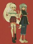  2girls alternate_costume arm_at_side bangs bare_shoulders belt black_bow black_footwear black_skirt blonde_hair blush boots bow braid casual clothes_around_waist criis-chan cup danganronpa_(series) danganronpa_2:_goodbye_despair denim disposable_cup drinking_straw eyebrows_visible_through_hair glasses grey_hair grey_sweater hair_bow hand_up holding holding_cup jacket jacket_around_waist jeans long_hair looking_at_another multiple_girls pants pekoyama_peko pencil_skirt plaid plaid_skirt ponytail red_background red_skirt rimless_eyewear shiny shiny_hair shoes skirt smile sneakers sonia_nevermind sweater symbol_commentary thighhighs tumblr_username turtleneck two-tone_skirt two-tone_sweater very_long_hair white_footwear zettai_ryouiki 