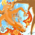  breathing_fire charizard claws cloud commentary_request dated day fire flying gen_1_pokemon grey_eyes no_humans outdoors pokemon pokemon_(creature) signature sky solo yu_ikedon 