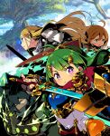  1boy 3girls absurdres ahoge alchemist_(sekaiju) armor aura blonde_hair blue_eyes bright_pupils cape commentary_request fingerless_gloves gauntlets gloves gold_trim green_eyes green_hair hair_ornament hairclip hero_(sekaiju) highres himukai_yuuji holding holding_shield holding_sword holding_weapon long_hair medic_(sekaiju) multiple_girls official_art orange_hair paladin_(sekaiju) pauldrons profile purple_eyes red_cape scarf scarf_over_mouth sekaiju_no_meikyuu sekaiju_no_meikyuu_x shield short_hair shoulder_armor sky sword tree weapon 