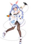  1girl :d animal_ear_fluff animal_ears arm_up armpits bangs bare_shoulders black_gloves black_legwear black_leotard blue_hair blush braid breasts bunny_ears carrot_hair_ornament clothing_cutout coat commentary_request dancing detached_sleeves don-chan_(usada_pekora) food_themed_hair_ornament fur-trimmed_coat fur-trimmed_gloves fur_scarf fur_trim garters gloves hair_ornament highres hikimayu holding holding_microphone hololive leotard leotard_under_clothes long_hair looking_at_viewer mary_janes mashiron_(shiroon03) microphone multicolored_hair open_mouth orange_eyes pantyhose playboy_bunny puffy_short_sleeves puffy_sleeves red_eyes scarf shoes short_eyebrows short_sleeves single_garter small_breasts smile solo standing standing_on_one_leg strapless strapless_coat strapless_leotard swept_bangs thick_eyebrows twin_braids twintails two-tone_hair underboob_cutout usada_pekora virtual_youtuber white_coat white_footwear white_hair white_scarf white_sleeves 