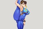  bodysuit braids breasts brown_eyes brown_hair cameltoe chun-li erect_nipples jmg navel ribbons skintight spread_legs street_fighter third-party_edit wristwear 