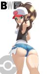  1girl absurdres arm_behind_head armband ass baseball_cap breasts brown_hair coat copyright_name denim denim_shorts feet_out_of_frame from_behind green_eyes hat high_ponytail highres hilda_(pokemon) kneepits long_hair makoto_daikichi md5_mismatch micro_shorts pokemon pokemon_(game) pokemon_bw ponytail resolution_mismatch shorts simple_background sleeveless sleeveless_jacket smile solo source_smaller thick_thighs thighs white_background wristband 